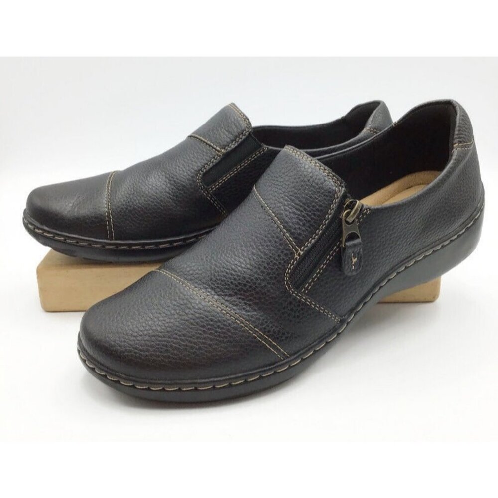 Clarks Cora Harbor Casual Loafers Womens 9.5 Black Leather Side Zip Up Shoes
